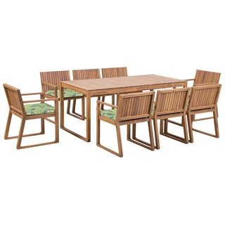 Gartenmöbel Set 8-Sitzer Hellbraun Akazienholz Tisch mit Stühlen und Sitzkissen Blättermuster Terrasse Gartenausstattung