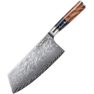 Tsume Chai Dao Hackbeil Messer Onyx, Klingenlänge 18cm, Echtes Damast Küchenmesser, 67 Schichten VG10 Edelstahlkern mit schwarzem und weißen Kunstharz und Holz Handgriff, Rasiermesserscharf