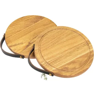 Holz Frank Schneidebrett Rundes Schneidebrett aus Eichenholz für Pizza, 25 cm mit Ledergriff, Holz, (1-St) beige
