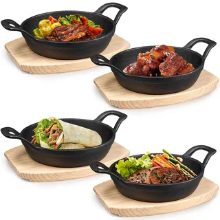 4er Set Kleine Gusseisen Servierpfanne, 16 cm Mini Gusspfanne mit Holzunterlage, Runde Grillpfanne Auflaufformen Gusseisenpfanne Pfanne mit 2 Griffen für Dunch Ofen Induktion Backen Braten Küche