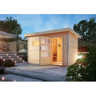 Karibu  Skrollan 3 natur inkl. 9 kW Ofen + Steuergerät Easy Finnisch + moderne Saunatür