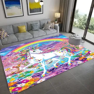 Mädchen Schlafzimmer Teppich 3D Einhorn Carpet Mädchen Zimmer Bodendekoration Rug Cartoon Kinderzimmer Krabbelmatte Flanell Memory Foam Teppich Geeignet für Wohnzimmer (120x180 cm, Bunt 1)