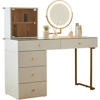 OKWISH Schminktisch Set Kosmetiktisch 120x45x115 LED-Spiegel 3-Farb-Licht Stauraum Metallgestell Glasplatte elegant Weiß Gold