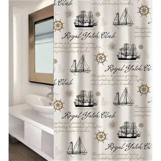 MSV Duschvorhang Cotexsa ROYAL YACHT Breite 180 cm, Premium Textil-Duschvorhang, Made in Spain, 100% Polyester, wasserundurchlässig, Anti-Schimmel-Effekt, Anti-Bakteriell beschichtet, waschbar 30°, 180 x 200 cm, Motiv "Segelschiff" braun|schwarz|weiß