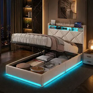 Polsterbett Jugendbett 90x200 mit Hydraulischer Stauraum, LED Einzelbett 90x200 mit Staufach-Kopfteil und USB-Anschlüssen, Funktionsbett Stauraumbett Bettgestell mit Lattenrost,Leinen