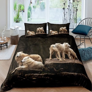 TAKOLI Bettwäsche 135 x 200 Wolf Motiv, Weiche Microfaser 3D Druck weißer Wolf Bettwäsche Set 2 teilig - Spieletiere Wölfe Bettbezug & 1 Kissenbezüg 80x80, mit Reißverschluss