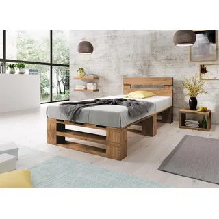 Lermowood Palettenbett M2 aus Holz 100 x 200 cm Eiche mit Kopfteil Holzbett 30cm Stabiles Seniorenbett Kinderbett Jugendbett Gästebett erhöhtes Einzelbett Bettgestell Futonbett Komforthöhe Naturholz