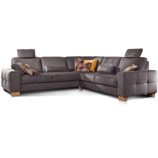 Cavadore Ecksofa Puccino mit Federkern, verstellbarer Rückenlehne und 2 Kopfstützen / Sofa gleichschenklig in L-Form im Landhaus-Design / 276 x 86 x 271 cm / Mikrofaser grau