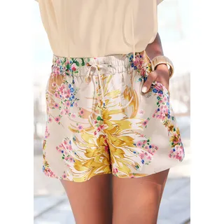 Webshorts LASCANA Gr. 42, N-Gr, bunt (sand, gelb bedruckt) Damen Hosen Shorts Strandshorts mit Blumendruck und Taschen, kurze Hose, elastisch