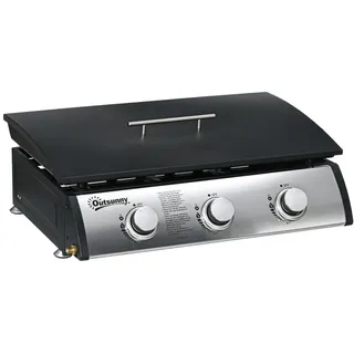 Outsunny Gasgrill, Tischgrill BBQ mit 3 Brennern, Tischgasgrill mit Schlauch, Deckel,