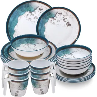 Melamin Geschirr Set Lagune für 6 Personen - 24 Teile - Steingutoptik Spülmaschinengeeignet Essgeschirr Campingzubehör Campinggeschirr Wohnwagen Camping Festival Picknick Gartenparty
