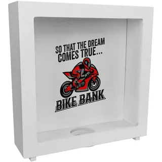Bike Bank Rahmen Spardose aus Holz mit Spruch und Motorrad in rot So That The Dream Comes True Bike Bank EIN dekoratives Sparschwein zum Sparen auf EIN Moped Biker Sparbüchse