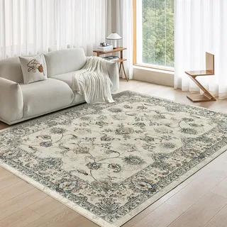 CHOSHOME Vintage Teppich Wohnzimmer 300X400CM Waschbarer Kurzflor Boho Weiche Teppich Mit Orient Design für Esszimmer Carpet for Schlafzimmer Esszimmer Küche Beige Grün