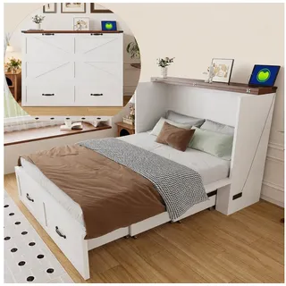Flieks Schrankbett Klappbett Ausziehbett Holzbett 140x200cm mit Steckdose weiß