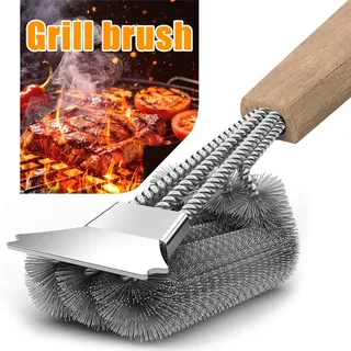 HAZENS Grillbürste mit 39 cm Holzgriff, Edelstahl Schaber | Dichte Edelstahlborsten , für Gasgrill, Holzkohlegrill, Kugelgrill, Elektrogril und Grillrost
