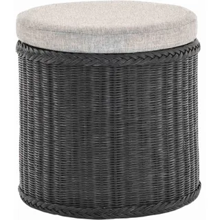Rattan Wäschekorb Wäschetruhe Sitz gepolstert Flur-Bank Aufbewahrungsbox mit Deckel Bad-Hocker Sitzhocker Wäschesammler Sitz-Truhe Natur (Schwarz, Rund)