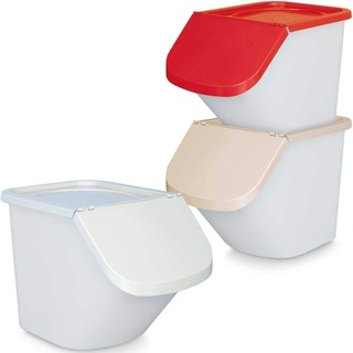 BRB 3X 40 Liter Zutatenbehälter mit Entnahmeklappe, stapelbar, Korpus weiß, Deckel beige/rot/weiß