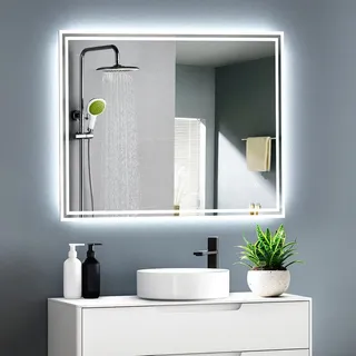 gimbelen Badspiegel mit Beleuchtung 80x60cm, 3 Lichtfarben, Dimmbar, LED Spiegel Bad, Anti-Beschlag, Badezimmerspiegel mit Beleuchtung, Touchschalter, Explosionsgeschütztes Glas, IP44