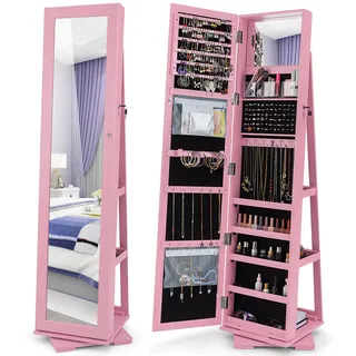 RELAX4LIFE 3-in-1 Schmuckschrank drehbar, mit Ganzkörperspiegel & eingebautem kleinen Spiegel, Spiegelschrank & Schmuckregal, Schrank für Schmuckaufbewahrung, abschließbar (Rosa)