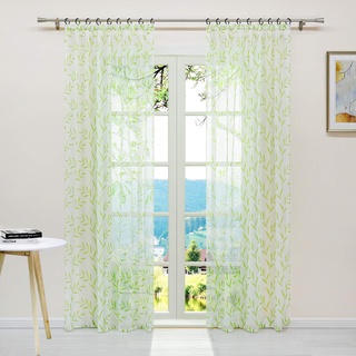 ESLIR Gardinen mit Kräuselband Vorhänge Transparent Wohnzimmer Fensterschal mit Blätter Muster Modern Voile Grün BxH 140x245cm 1 Stück
