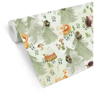 K&L Wall Art Mustertapete Vliestapete Fuchs Mustertapete Kinderzimmer Mädchen Junge Eule Hase, Waldtiere Tapete grün 0.48 m x 10.08 m