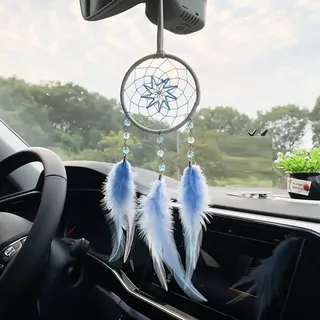LIBERGA Kleiner Traumfänger für Auto, Perlen, blaue Federn, Traumfänger, Rückspiegel, hängende Anhänger, ästhetische Heimdekoration, Boho-Ornament