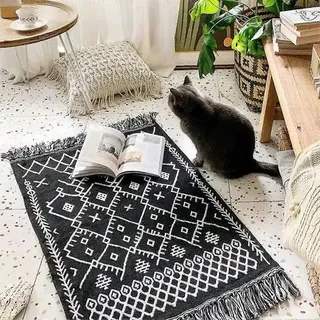 1-teiliger Boho-badezimmerteppich, Boho-küchenläufer, Schwarz-weißer Badezimmerteppich, Waschbare Badematte, Tribal-flair, Landhausstil, Fransen, Geometrisches Marokkanisches Design