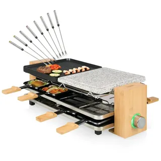 PRINCESS Raclette, 8 Raclettepfännchen, 1300 W, Bambus Gerät für 2-8 Personen Tisch-Grill & Steingrill-Platte & Gabeln braun