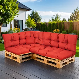 SLIPIO Palettenkissen für Europaletten, 6-TLG. Set, wetterfest, Rot | Palettenpolster; FÜLLPRO+ Füllung; 2x Rückenkissen 120x40 cm + 2x Sitzkissen 120x80 cm + 60x40 + 50x50