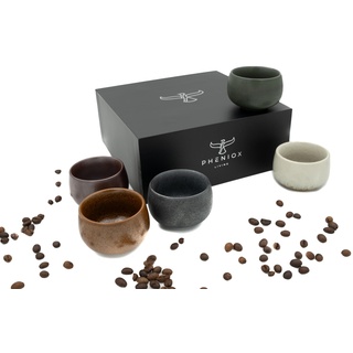 Pheniox Espressotassen Set Timeout | 5 x 80 ml - hochwertige Tassen aus Steingut | Espresso Tassen Set - ohne Henkel | Geschenk in modernem Design - spülmaschinenfest | Mokka | Tee | Sake