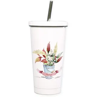 GRAZDesign Cocktailbecher mehrweg mit Deckel, personalisiert mit Namen, Blumen, Trinkbecher mit Trinkhalm aus Edelstahl, ideal als Geschenk