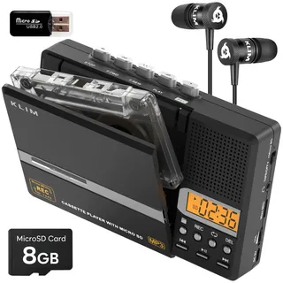 K10 Tragbarer Kassettenspieler Kassettenrecorder 8GB SD-Karte | Digitalisiert Kassetten zu MP3 mit Mikrofon Lautsprecher und USB PC Transfer, Schwarz