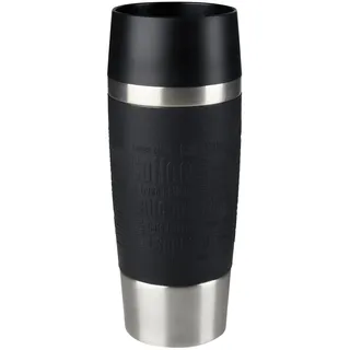 EMSA Travel Mug, Classic Thermobecher, Shopper Kategorie, Doppelwandige Vakuumisolierung, Hält 4 Stunden heiß, 8 Stunden kalt, 360 Grad Trinken, Soft-Touch Silikonhülle, Edelstahl, Black, 513361