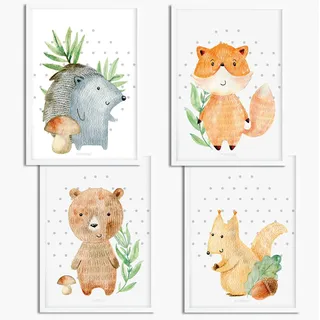 Sunnywall® 4er Set Woodland Waldtiere Igel Fuchs Bär Eichhörnchen Poster Kinderzimmer - A4 Bilder Babyzimmer Kinderposter | OHNE Bilderrahmen | - Deko Mädchen Junge