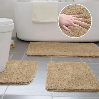 Ceneco Badezimmerteppich Set 3 Teilig, Badematte rutschfest Waschbar, Mikrofaser Badvorleger Set, Saugfähige Badteppich+Klein Badematten+U-Form Toilettenmatte(Beige,U40x50_50x60_50x80cm)
