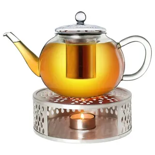 Creano Teekanne Teekanne “flach” 1,6l mit Stövchen aus Edelstahl, 1.6 l, (Set, 4-St., 1 Teekanne, 1 Stövchen, 1 Deckel) weiß