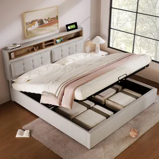 Flieks Polsterbett 140x200cm mit USB und Steckdosen, Boxspringbett Doppelbett mit Stauraum, Stauraumbett Jugendbett mit Lattenrost, Leinen, Beige - Beige