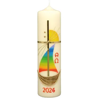 Osterkerze Segelboot, Kreuz Gold, Sonne, A und O, Jahreszahl 270 x Ø 70 mm