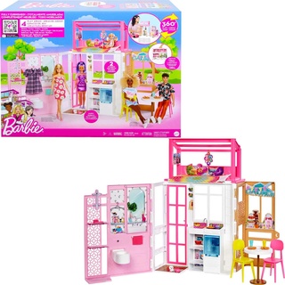 Barbie-Haus mit 4 Spielbereichen, Küche, Bad, Schlafzimmer, Esszimmer, komplett eingerichtet Möbeln, 360°-Spiel, Puppen, Geschenk für Kinder, Spielzeug ab 3 Jahre,HCD47