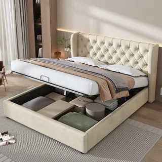 STILVORA Polsterbett 160 x 200cm Knopfnähte Doppelbett,Hydraulisches Funktionsbett mit Bettkasten,Samt,Beige(ohne Matratze) - Beige
