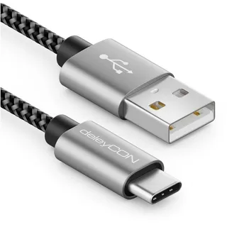 deleyCON 2m Nylon USB-C Kabel Ladekabel Datenkabel USB Typ C | Schwarz
