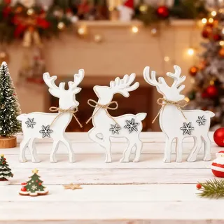 Weihnachtsdeko Hirsch 3 Stück Weiß Holz Weihnachtsdeko Hirsch Deko Weihnachten Rentier Deko Tischdeko Weihnachten Tischdekoration für Home Regal Mantel Kamin Tisch Fensterbank Party Dekor
