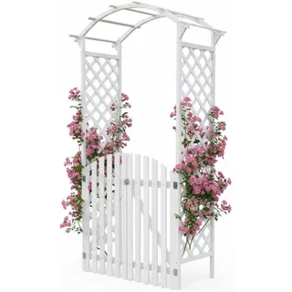 Mucola Rosenbogen mit Tor Pergola Rankhilfe Torbogen Spalier Holz Rankgitter Rankgestell Pergola Rosensäule Gartenbogen - Weiß - Weiß