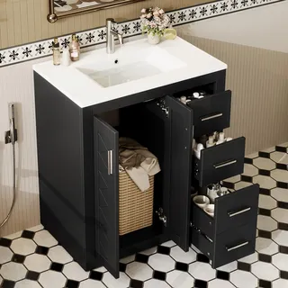 BTM Waschtisch Stehend mit Unterschrank Bad unterschrank Waschbecken mit Schubladen, Waschtischunterschrank Schwarz