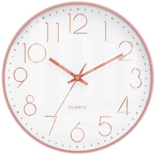 LENAUQ stille Wanduhr, 12-Zoll batteriebetriebene Nicht tickende arabische Ziffer Uhr, runde dekorative Uhr für Home Kitchen Cafe Hotel Office Decor (Weiß-Roségold)