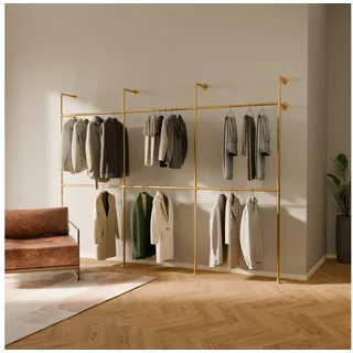 pamo. design Kleiderständer KIM DOUBLE Industrial Kleiderstange zur Wandmontage, (Set, 1), Offener Kleiderschrank / Garderobe aus goldenen Wasserrohren goldfarben 296 cm x 222 cm x 32 cm
