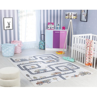 Surya Auto-Spielmatte Kinderteppich - Cartoon Teppich Kinderzimmer oder Babyzimmer, Kinderzimmerteppich, Krabbelteppich oder Spielteppich - Baby Teppich für Jungen & Mädchen, Creme 120x170cm