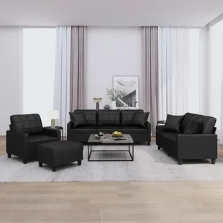 Iiaky Sofa Set 3 2 1 Wohnzimmer Sofagarnitur 3-2-1Couchgarnitur WohnzimmerSofa Kunstleder-Schwarz-Mit Polstern & Fußhocker