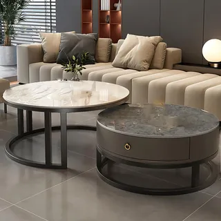 Couchtisch Rund 2er Set,Wohnzimmertisch,Beistelltisch,Wohnzimmertisch mit 1 Stauräume,Wohnzimmer Tisch für Couch,Weiß Marmor Couchtisch mit Schwarz Metallgestell,für Wohnzimmer/Büro(Gray white+black g