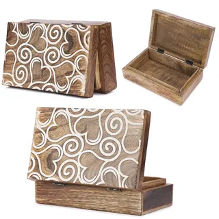 Ajuny Holz Schmuckschatulle Handgeschnitzt mit Herz Design Weiß Braun – Dekorative Schmuckbox für Schmuck, Andenken und kleine Accessoires – Aufbewahrungsbox Geschenkidee 8x5 Zoll
